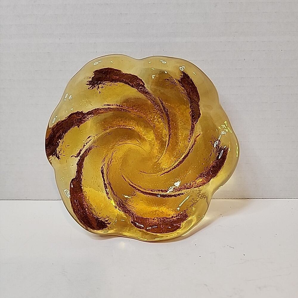 Vtg Fenton Amber Glass Swirl Textured, Smooth Ashtray, Trinket Dish 5.5" Bowl